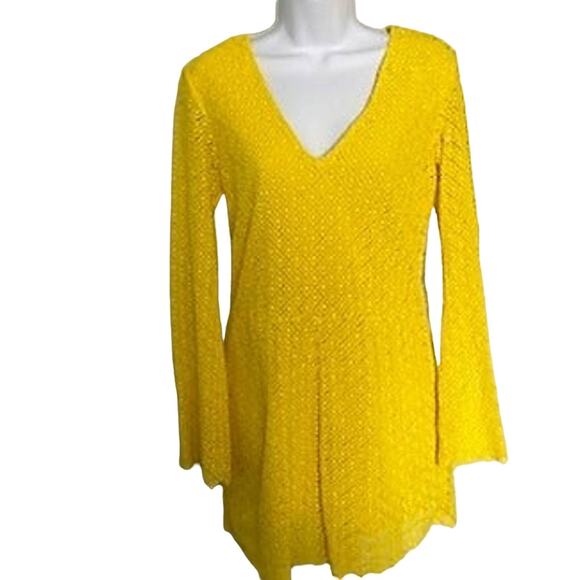 H & M Size 6 Bright Yellow Crochet Mini Dress/Romper w/ Long Sleeves - Picture 1 of 7